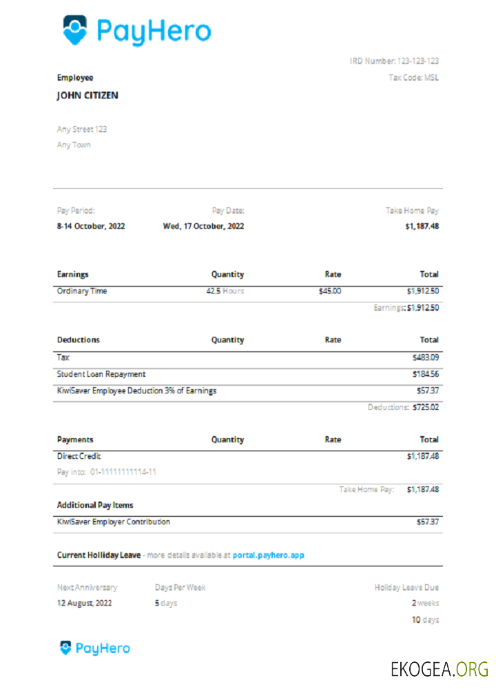 Fiche de paie de la société financière USA PayHero